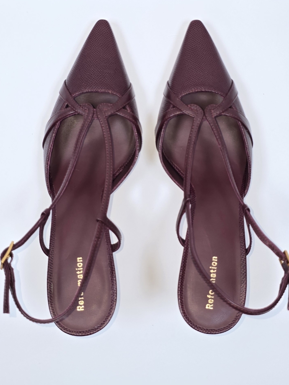 Reformation Patty Slingback Burgundy Embossed Leather Pointed Toe Heels Sz 7.5 - Picture 8 of 15